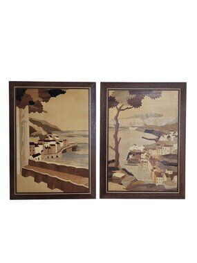 Set of 2 Vtg Wood Inlay Pictures Europe Italy Seaside Scenes 11x15 inches